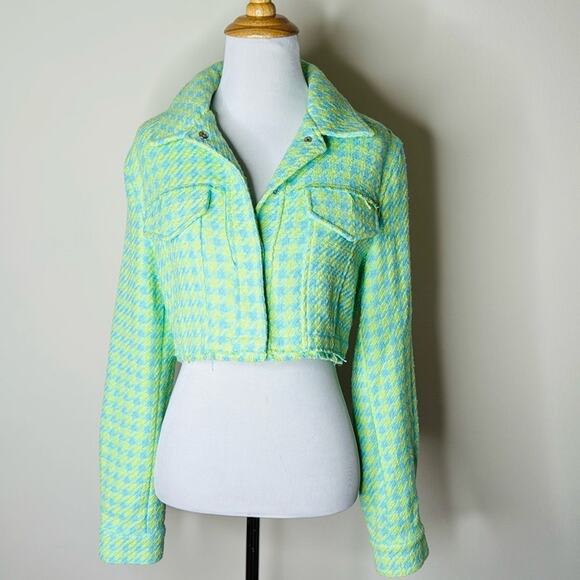 Zara Mint Green Houndstooth Cropped Jacket - Picture 2 of 8